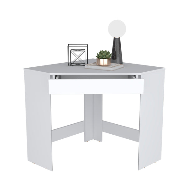 English Elm Corner Desk Granger Engineered Wood Corner Desk in White with Drawer, Space-Saving Stable Design B092142856