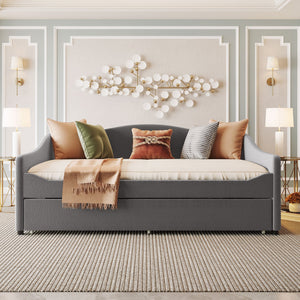 English Elm Teddy Full Size Upholstered Daybed with Twin Trundle, Teddy Fleece Upholstery, Modern Striped Accent Headboard and Sleepover-Friendly Design Gray SF000066AAE