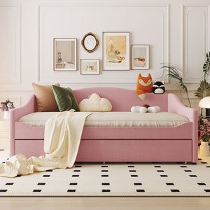 English Elm Teddy Full Size Upholstered Daybed with Twin Trundle, Teddy Fleece Upholstery, Modern Striped Accent Headboard and Sleepover-Friendly Design Pink SF000066AAH