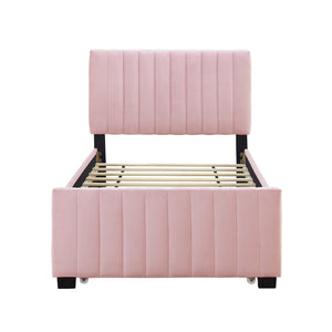 English Elm Twin Velvet Upholstered Platform Bed with Trundle — Space-Saving Sleepover Solution, Durable Design Pink SF000069AAH