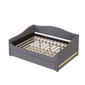 English Elm Teddy Full Size Upholstered Daybed with Twin Trundle, Teddy Fleece Upholstery, Modern Striped Accent Headboard and Sleepover-Friendly Design Gray SF000066AAE