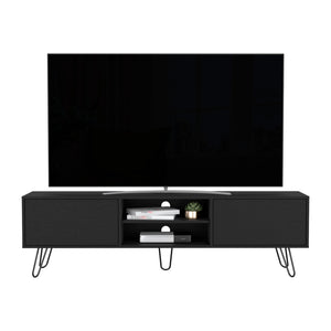 English Elm Tv Stand Franklin Elegant Black Engineered Wood TV Console with Two Open Shelves, Closed Storage, Five-Leg Design 75.1" B092142851