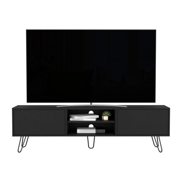 English Elm Tv Stand Franklin Elegant Black Engineered Wood TV Console with Two Open Shelves, Closed Storage, Five-Leg Design 75.1" B092142851