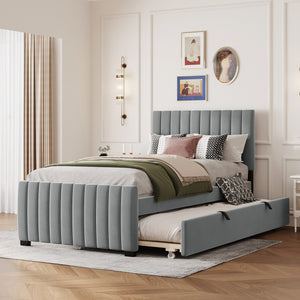 English Elm Twin Velvet Upholstered Platform Bed with Trundle — Space-Saving Sleepover Solution, Durable Design Gray SF000069AAE