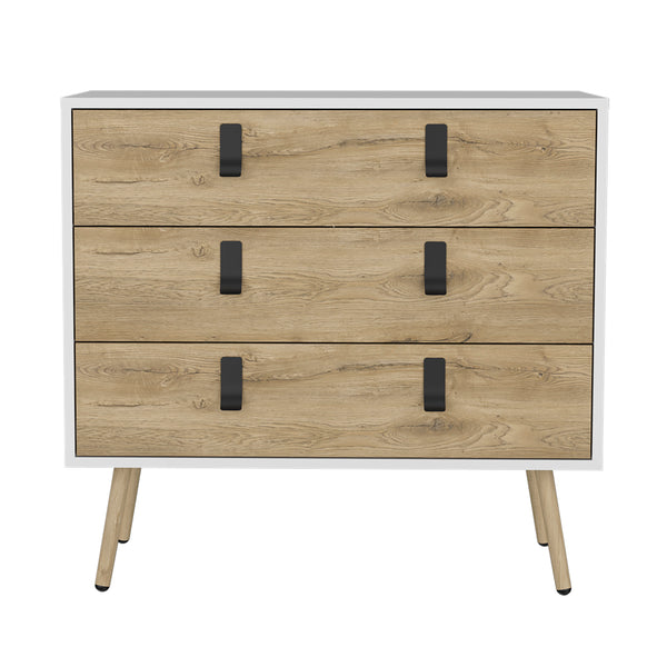 English Elm Dresser Magness Modern White & Macadamia 3-Drawer Compact Engineered Wood with Metal Handles and Legs B092142845