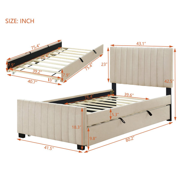 English Elm Twin Velvet Upholstered Platform Bed with Trundle — Space-Saving Sleepover Solution, Durable Design Beige SF000069AAA