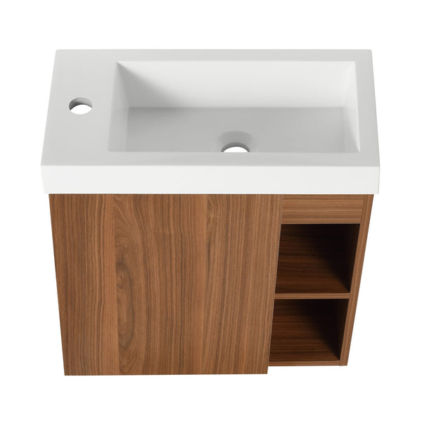 English Elm 20'' Floating Wall-Mounted Vanity with Resin Sink, Soft-Close Door & Open Shelves for Compact Baths Walnut W999P143199