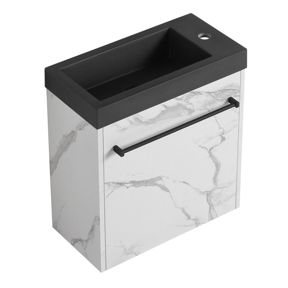 English Elm 20'' Floating Wall-Mounted Vanity with Resin Sink, Soft-Close Door & Open Shelves for Compact Baths White+Black W999P143207