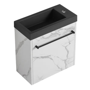 English Elm 20'' Floating Wall-Mounted Vanity with Resin Sink, Soft-Close Door & Open Shelves for Compact Baths White+Black W999P143207
