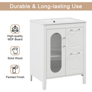 English Elm 24" Modern Bathroom Vanity with Ceramic Sink, Solid Wood & MDF Cabinet, Two Drawers, Shelf White N725P245273K