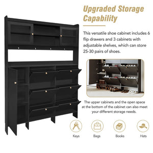 English Elm Black Hall Tree Foyer Cabinet Flip Shoe Storage Tempered Glass Hooks Shelf SD000028AAB