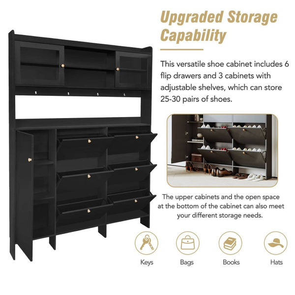 English Elm Black Hall Tree Foyer Cabinet Flip Shoe Storage Tempered Glass Hooks Shelf SD000028AAB