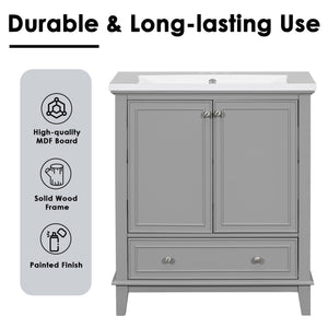 English Elm 30" Bathroom Vanity with Sink — Modern Freestanding 30" Cabinet with Ceramic Top, Drawer, Doors, Shelf Grey N725P221263E