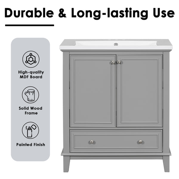 English Elm 30" Bathroom Vanity With Durable Sink Combo, Stylish Grey Cabinet, Functional Storage & Adjustable Shelf SY999606AAE