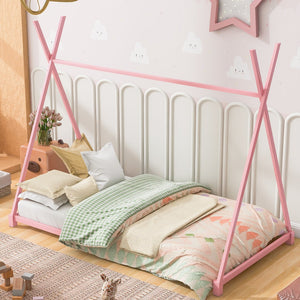 English Elm Metal Twin House Platform Bed with Sturdy Triangle Frame, Low Profile Kids' Cozy Playful Sleep Space Pink WF307193AAH