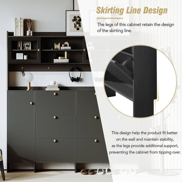 English Elm Black Hall Tree Foyer Cabinet Flip Shoe Storage Tempered Glass Hooks Shelf SD000028AAB