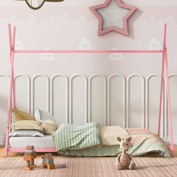 English Elm Metal Twin House Platform Bed with Sturdy Triangle Frame, Low Profile Kids' Cozy Playful Sleep Space Pink WF307193AAH