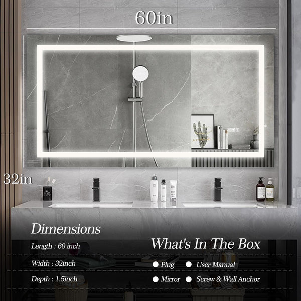 English Elm 60" LED Bathroom Mirror 60"x32" Frameless Lighted Vanity with Anti-Fog Touch Sensor, Dimmable Color Temps and Shatterproof Glass W134070939