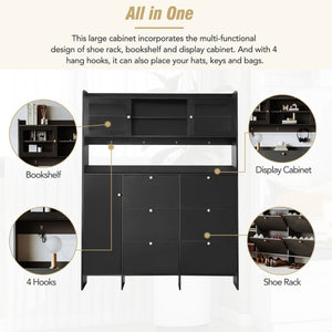 English Elm Black Hall Tree Foyer Cabinet Flip Shoe Storage Tempered Glass Hooks Shelf SD000028AAB