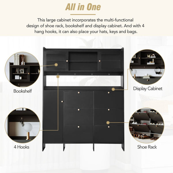 English Elm Black Hall Tree Foyer Cabinet Flip Shoe Storage Tempered Glass Hooks Shelf SD000028AAB