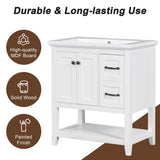 English Elm 30" Bathroom Vanity With Ceramic Sink Top, Vanity Cabinet With Multi-Functional Drawer, Solid Wood Legs, White