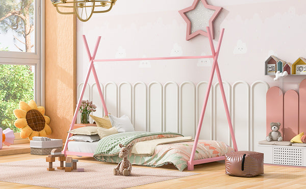 English Elm Metal Twin House Platform Bed with Sturdy Triangle Frame, Low Profile Kids' Cozy Playful Sleep Space Pink WF307193AAH