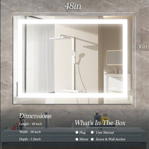English Elm 48" LED Bathroom Mirror 48" x 36" Frameless Lighted Mirror with Anti-Fog, Touch Dimmer, Color Modes W134070938