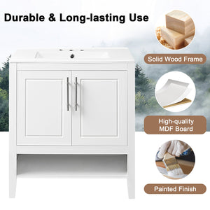English Elm 30" Modern Bathroom Vanity with Ceramic Sink, Solid Wood & MDF, 2 Doors 2 Drawers Open Shelf (97) WF308203AAK