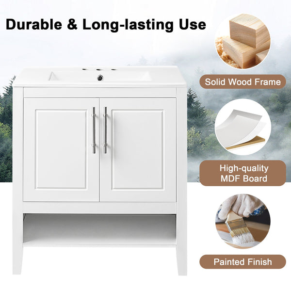 English Elm 30" Modern Bathroom Vanity with Ceramic Sink, Solid Wood & MDF, 2 Doors 2 Drawers Open Shelf (97) WF308203AAK