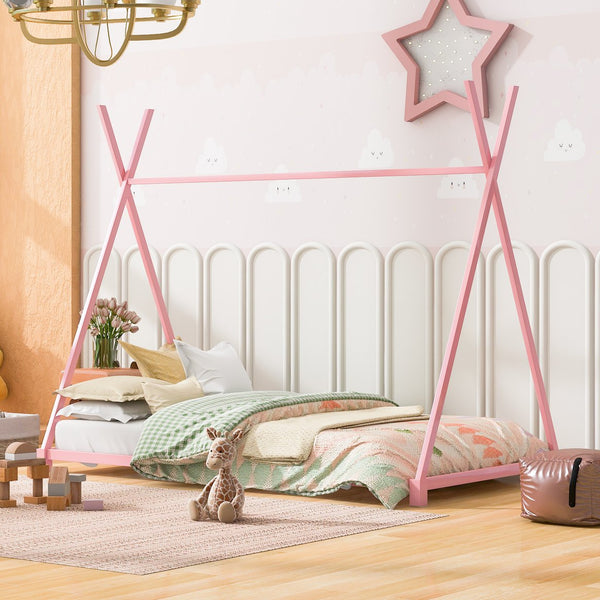 English Elm Metal Twin House Platform Bed with Sturdy Triangle Frame, Low Profile Kids' Cozy Playful Sleep Space Pink WF307193AAH