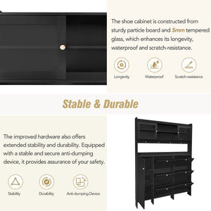 English Elm Black Hall Tree Foyer Cabinet Flip Shoe Storage Tempered Glass Hooks Shelf SD000028AAB