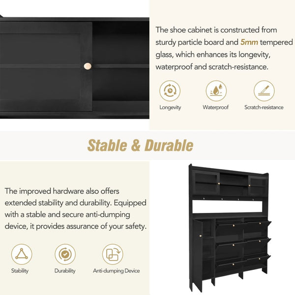 English Elm Black Hall Tree Foyer Cabinet Flip Shoe Storage Tempered Glass Hooks Shelf SD000028AAB