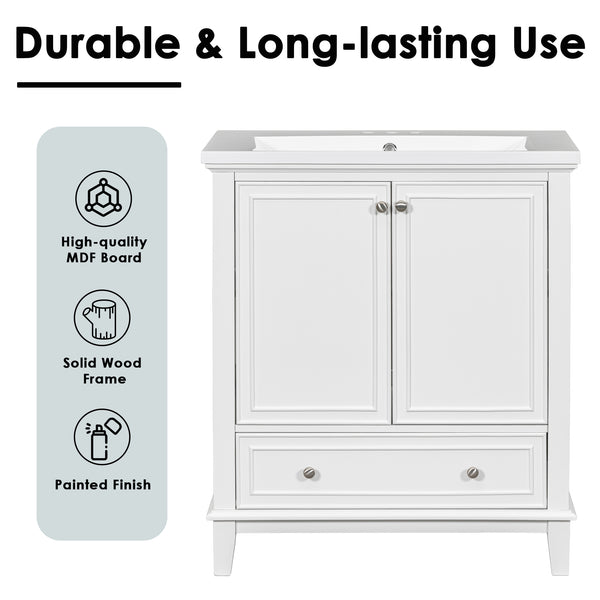 English Elm 30" Bathroom Vanity Base Only Modern Freestanding Cabinet with Doors Drawer Solid Wood MDF Frame, Paint Finish White WF306250AAK
