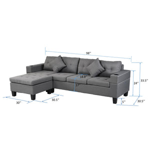 English Elm Sectional Linen Grey 4-Seat Sofa Set with L-Chaise, Cup Holder, Thick Foam Cushions, Left/Right W214S00007