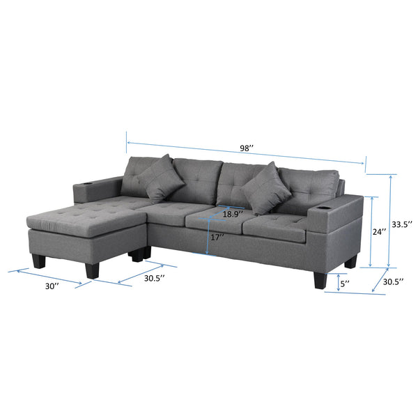 English Elm Sectional Linen Grey 4-Seat Sofa Set with L-Chaise, Cup Holder, Thick Foam Cushions, Left/Right W214S00007