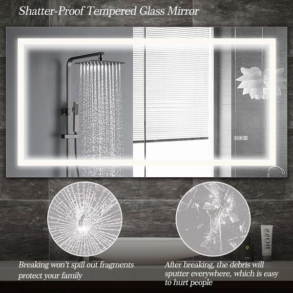 English Elm 60" LED Bathroom Mirror 60"x32" Frameless Lighted Vanity with Anti-Fog Touch Sensor, Dimmable Color Temps and Shatterproof Glass W134070939