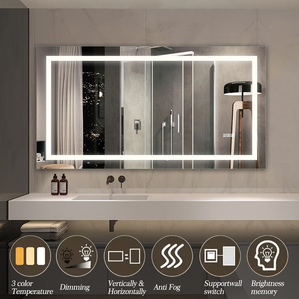 English Elm 60" LED Bathroom Mirror 60"x32" Frameless Lighted Vanity with Anti-Fog Touch Sensor, Dimmable Color Temps and Shatterproof Glass W134070939
