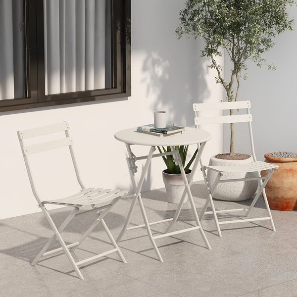 English Elm 3 Piece Outdoor Bistro Set Foldable Steel Cafe Table Chairs Powder Coated Patio White W1586P143153