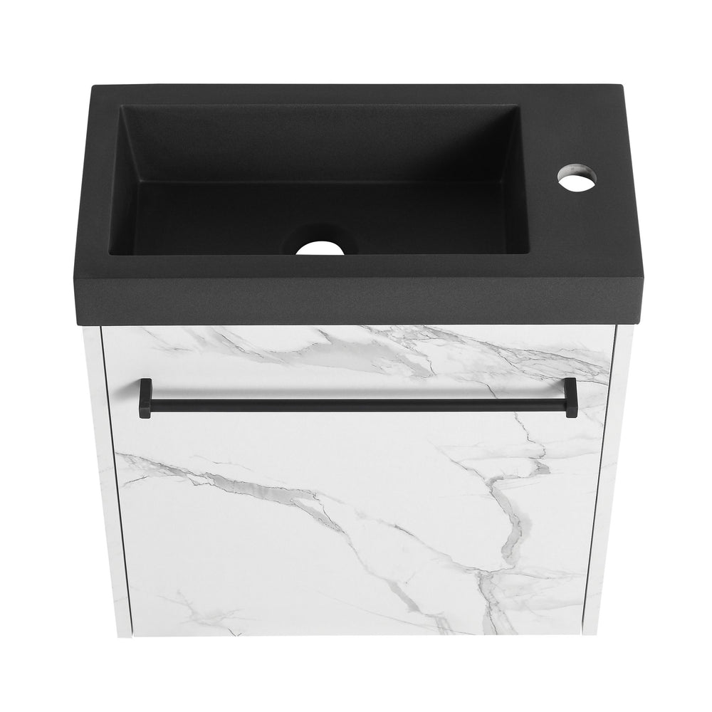 English Elm 20'' Floating Wall-Mounted Vanity with Resin Sink, Soft-Close Door & Open Shelves for Compact Baths White+Black W999P143207