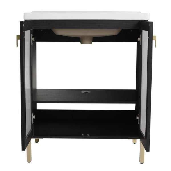 English Elm 28 Inch Freestanding Vanity Plywood with Ceramic Sink, Acrylic Doors, Soft-Close Hinges, Metal Handles W999139423