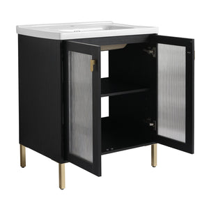 English Elm 28 Inch Freestanding Vanity Plywood with Ceramic Sink, Acrylic Doors, Soft-Close Hinges, Metal Handles W999139423