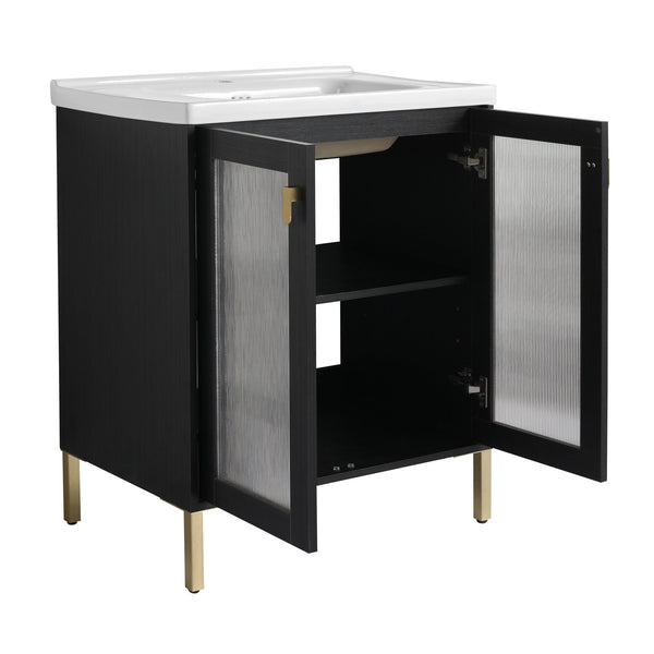 English Elm 28 Inch Freestanding Vanity Plywood with Ceramic Sink, Acrylic Doors, Soft-Close Hinges, Metal Handles W999139423