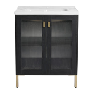 English Elm 28 Inch Freestanding Vanity Plywood with Ceramic Sink, Acrylic Doors, Soft-Close Hinges, Metal Handles W999139423