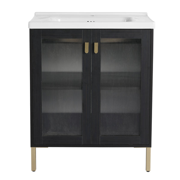 English Elm 28 Inch Freestanding Vanity Plywood with Ceramic Sink, Acrylic Doors, Soft-Close Hinges, Metal Handles W999139423