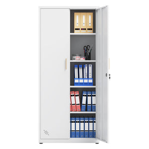 English Elm High Steel Storage Cabinet with Lockable Double Doors, Heavy-Duty Shelves, Quiet Magnetic Closure White W252126641
