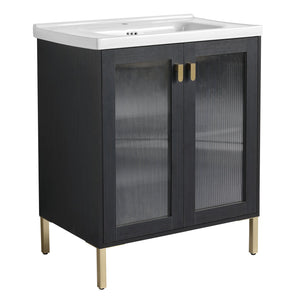 English Elm 28 Inch Freestanding Vanity Plywood with Ceramic Sink, Acrylic Doors, Soft-Close Hinges, Metal Handles W999139423