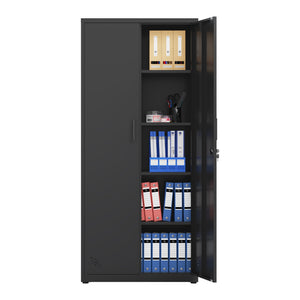 English Elm High Steel Storage Cabinet with Lockable Double Doors, Heavy-Duty Shelves, Quiet Magnetic Closure Black W252126639