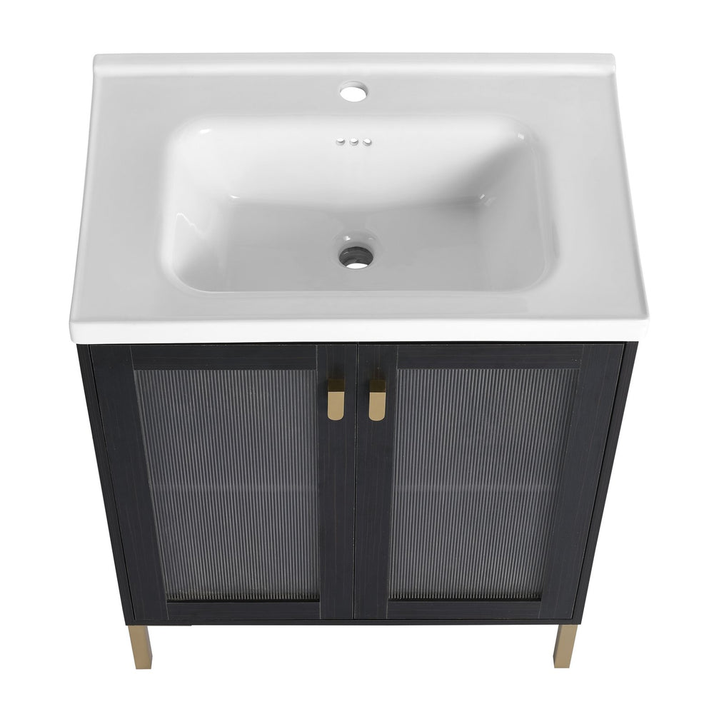 English Elm 28 Inch Freestanding Vanity Plywood with Ceramic Sink, Acrylic Doors, Soft-Close Hinges, Metal Handles W999139423