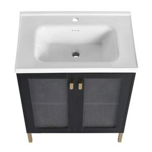 English Elm 28 Inch Freestanding Vanity Plywood with Ceramic Sink, Acrylic Doors, Soft-Close Hinges, Metal Handles W999139423