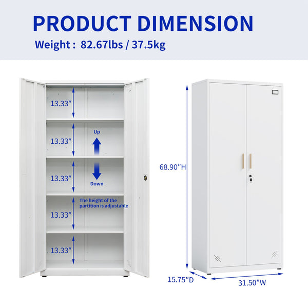 English Elm High Steel Storage Cabinet with Lockable Double Doors, Heavy-Duty Shelves, Quiet Magnetic Closure White W252126641